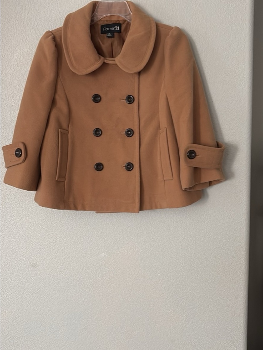 Forever 21 Camel Double-Breasted Pea Coat with Peter Pan Collar Sz Small